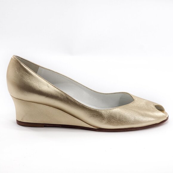 BRUNO MAGLI Carrera Peep Toe Gold Metallic Leather Wedge Pump Heels - Picture 3 of 5